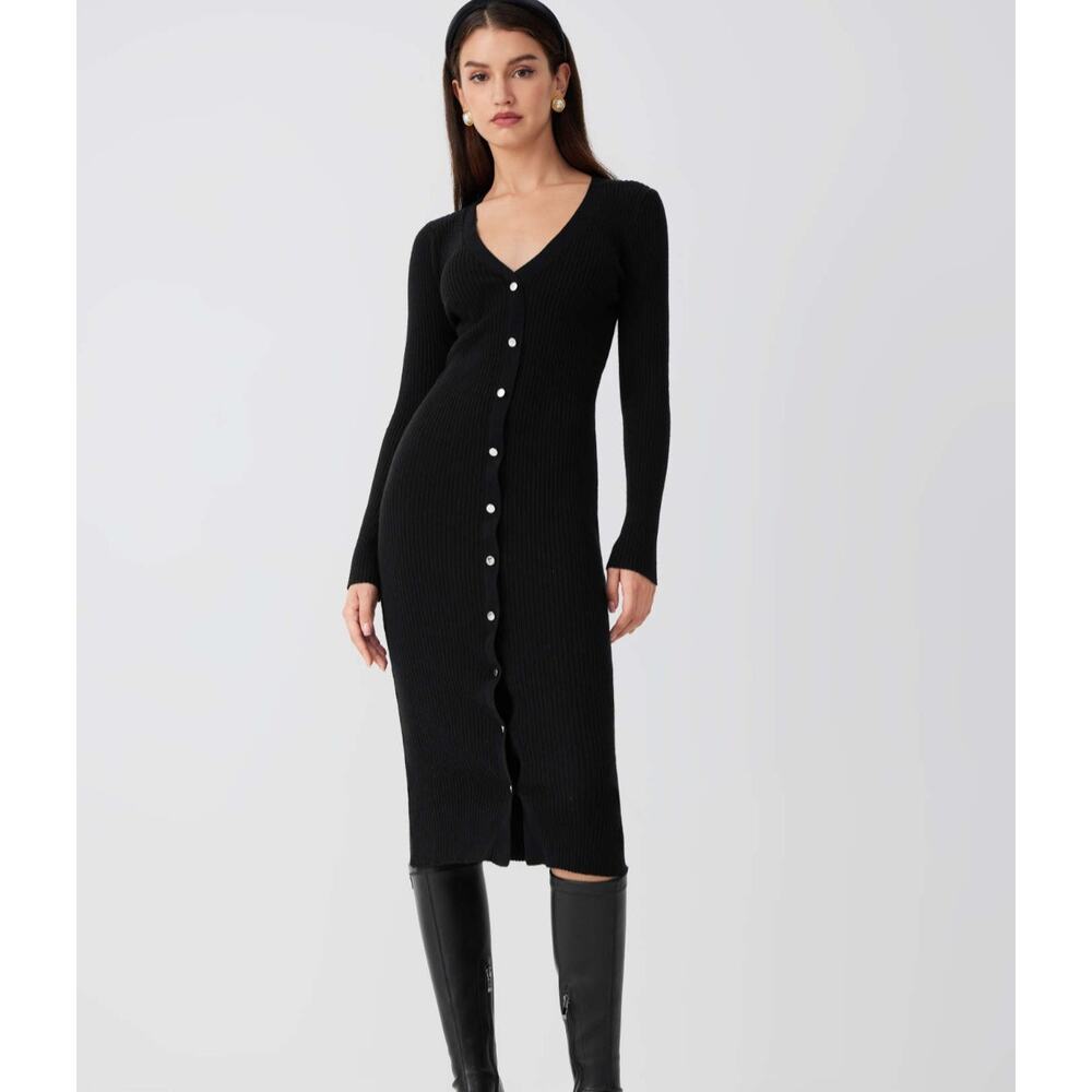 CIDER KNIT-V NECK solod button midi dress‎ size L